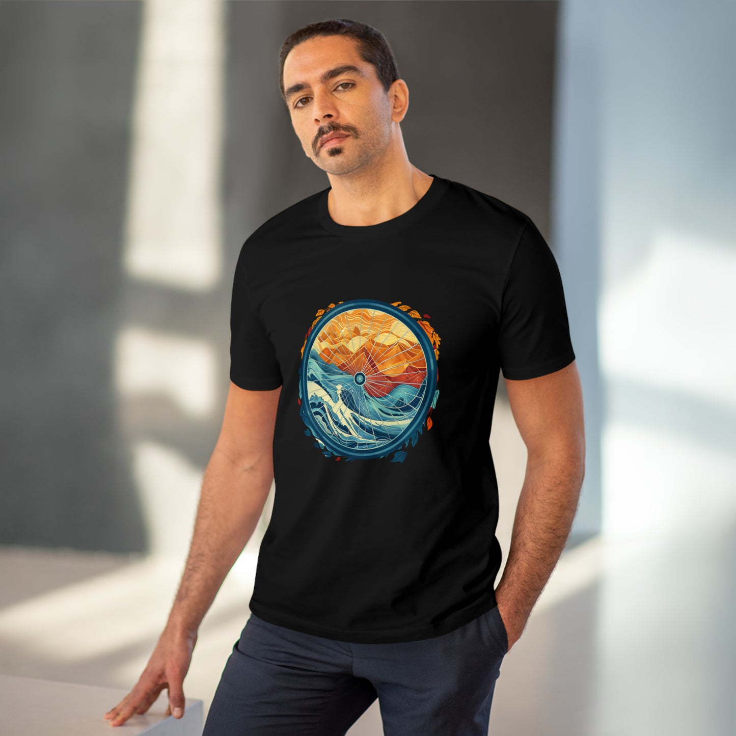 Nature's Harmony: Abstract Sun and Sea Cycle  T-shirt - Unisex - BicycleWonders