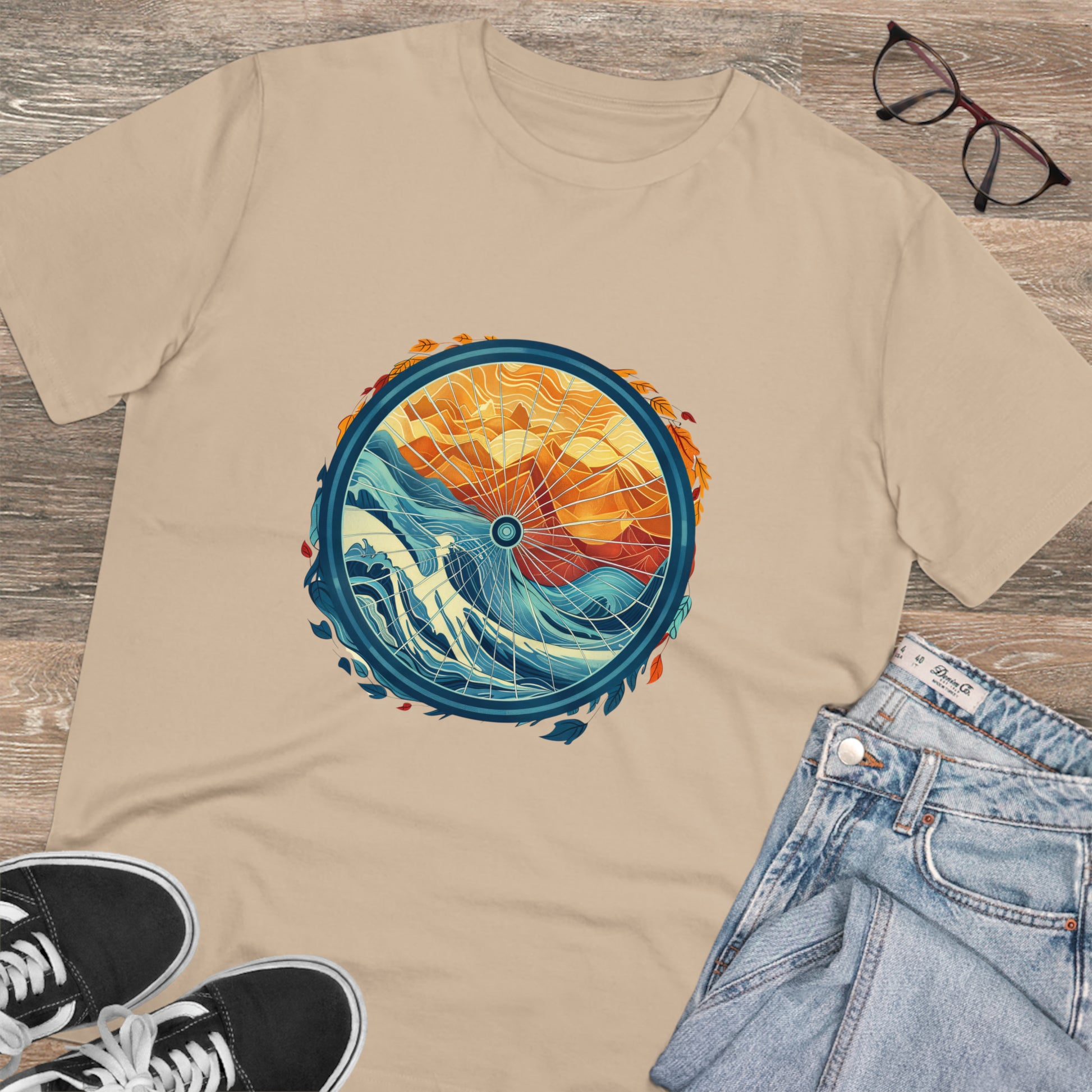 Nature's Harmony: Abstract Sun and Sea Cycle  T-shirt - Unisex - BicycleWonders