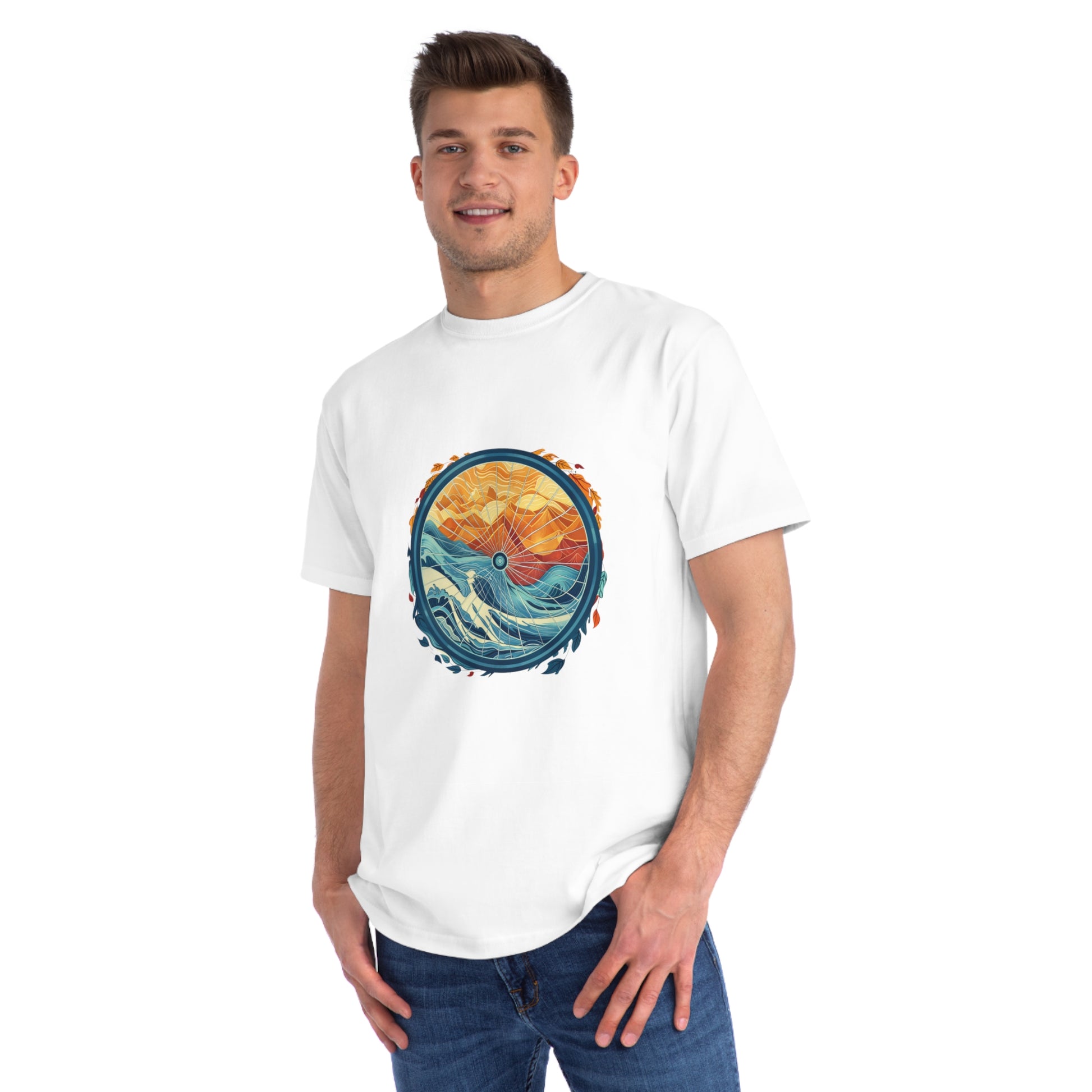 Nature's Harmony: Abstract Sun and Sea Cycle T-shirt - Unisex - BicycleWonders