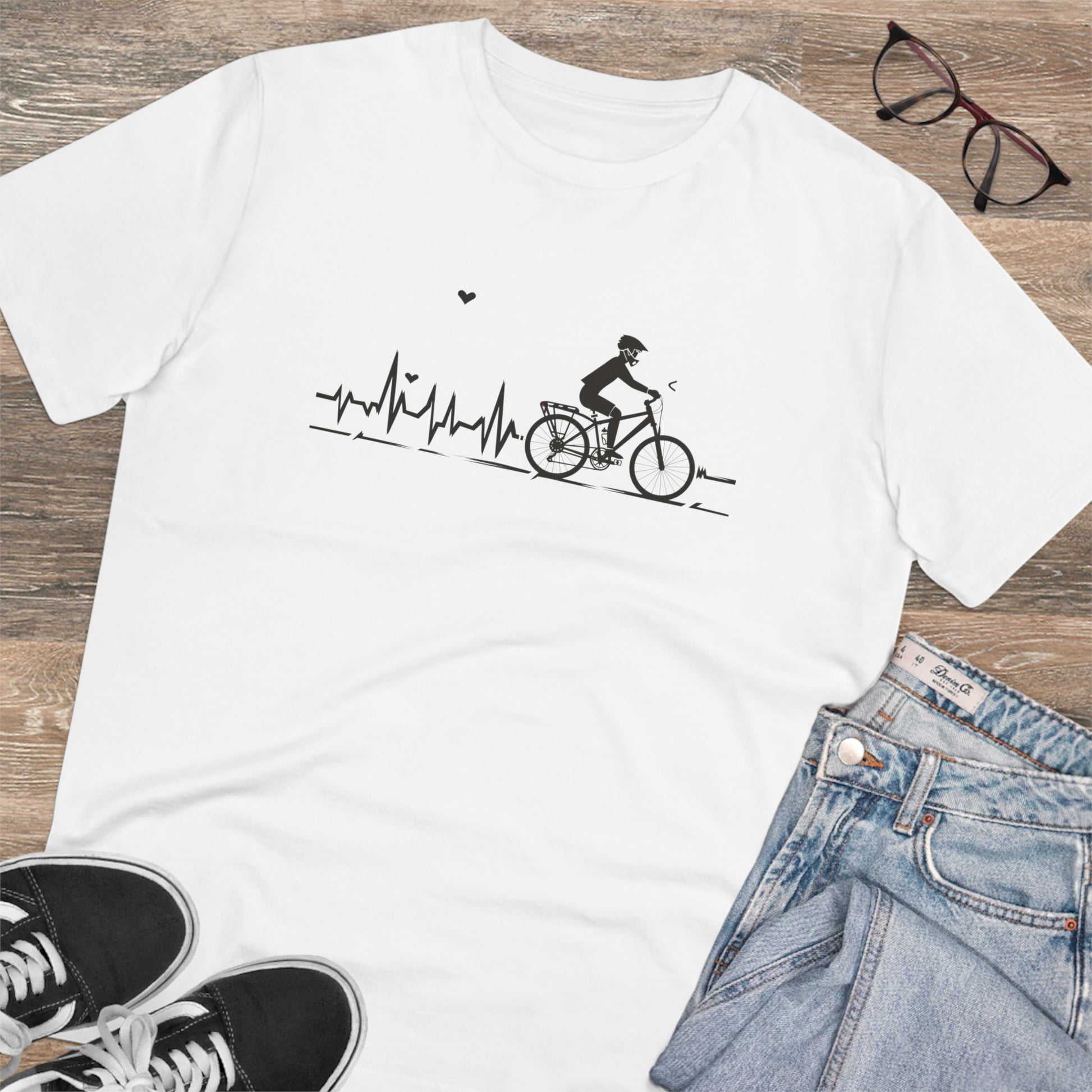 Ride in Rhythm: Minimalist Cyclist Heartbeat  T-shirt - Unisex - BicycleWonders