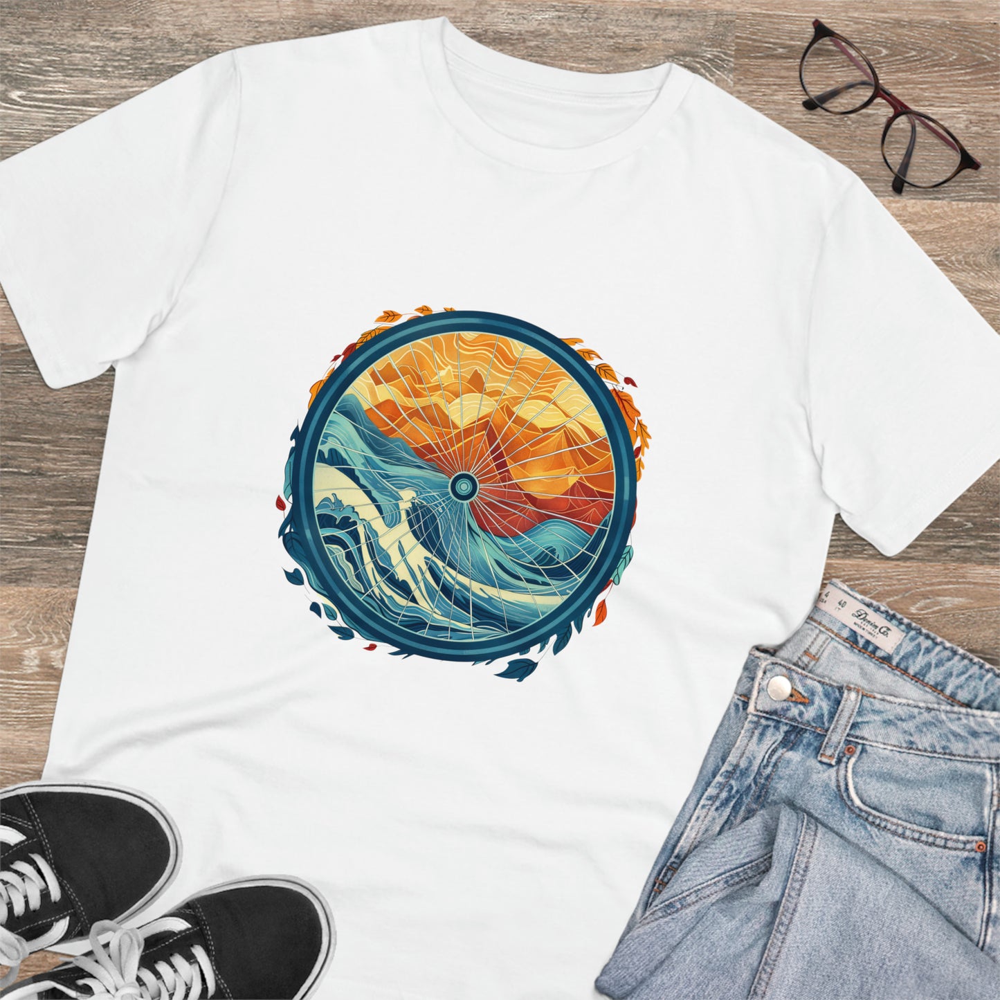 Nature's Harmony: Abstract Sun and Sea Cycle  T-shirt - Unisex - BicycleWonders