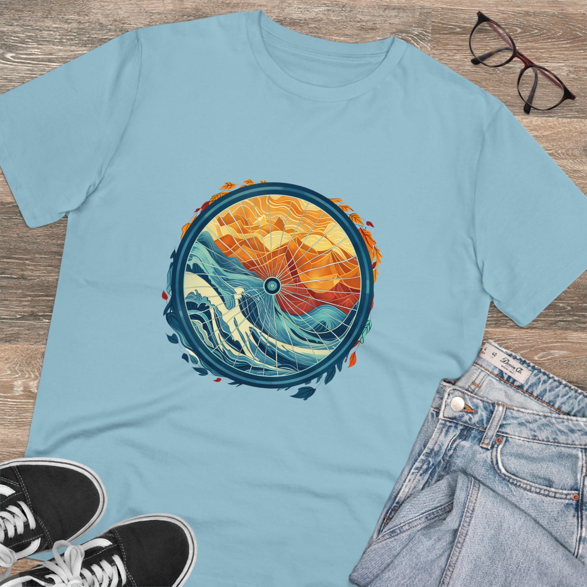 Nature's Harmony: Abstract Sun and Sea Cycle  T-shirt - Unisex - BicycleWonders