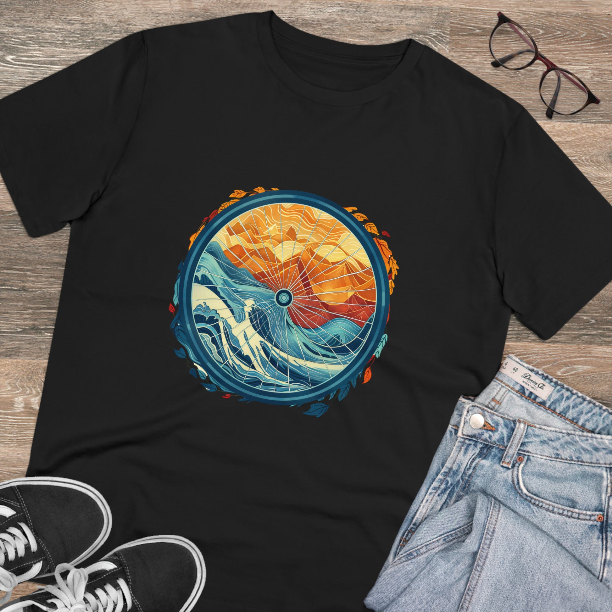 Nature's Harmony: Abstract Sun and Sea Cycle  T-shirt - Unisex - BicycleWonders